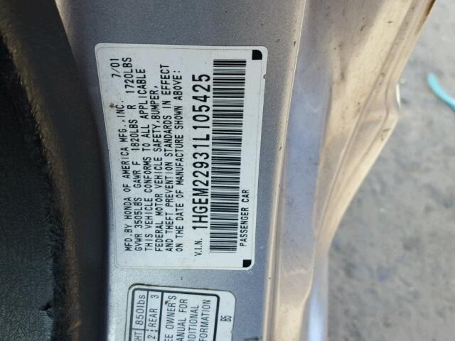 1HGEM22931L105425 - 2001 HONDA CIVIC SI SILVER photo 10