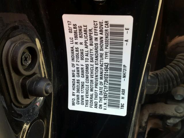 19XFC1F73HE014943 - 2017 HONDA CIVIC EXL შავი ფოტო 10