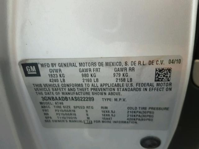 3GNBAADB1AS622289 - 2010 CHEVROLET HHR LS ვერცხლისფერი ფოტო 10