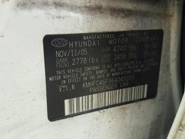 KMHFC46F96A049359 - 2006 HYUNDAI AZERA SE WHITE photo 10