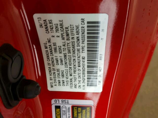 2HGFG3B56DH514180 - 2013 HONDA CIVIC LX RED photo 10