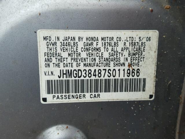 JHMGD38487S011966 - 2007 HONDA FIT SILVER photo 10