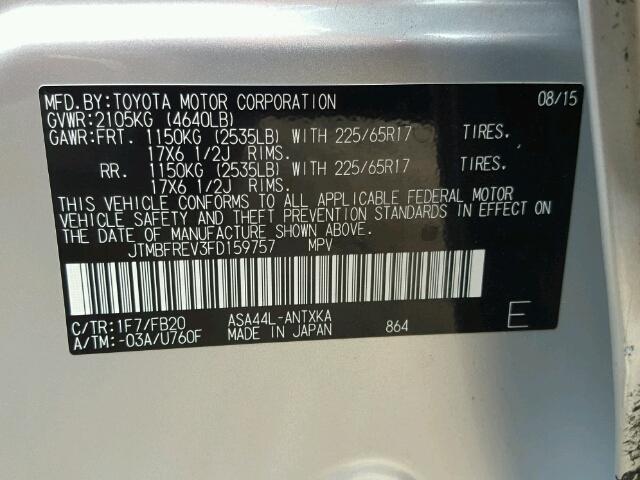 JTMBFREV3FD159757 - 2015 TOYOTA RAV4 LE Gümüş foto 10