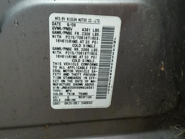 JN8AS58V89W434581 - 2009 NISSAN ROGUE GRAY photo 10