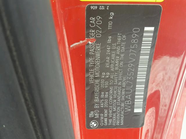 WBAUL73529VJ75890 - 2009 BMW 128 I RED photo 10