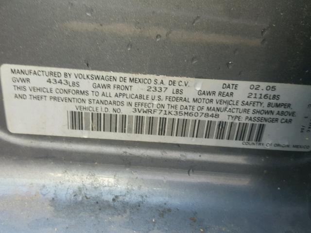 3VWRF71K35M607848 - 2005 VOLKSWAGEN NEW JETTA GRAY photo 10