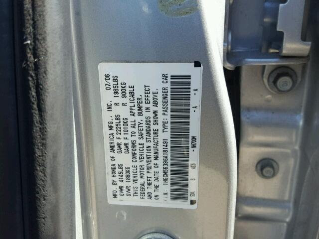 1HGCM56396A181491 - 2006 HONDA ACCORD SILVER photo 10