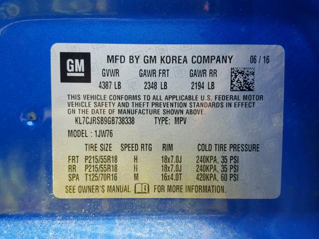 KL7CJRSB9GB738338 - 2016 CHEVROLET TRAX LTZ BLUE photo 10