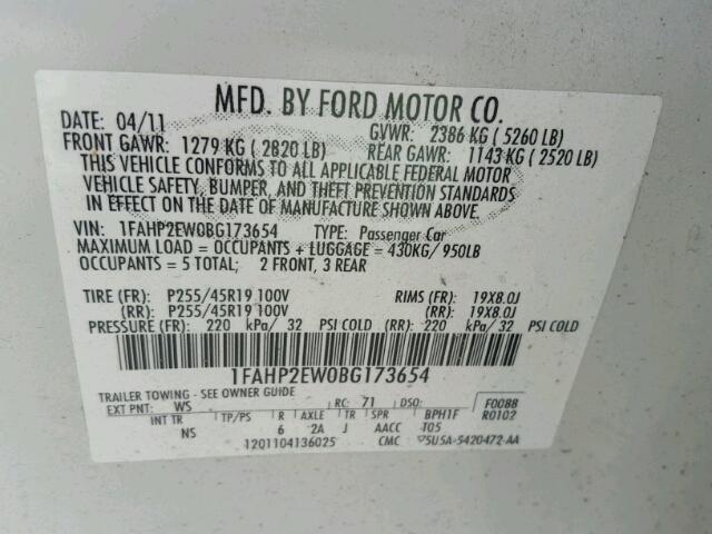 1FAHP2EW0BG173654 - 2011 FORD TAURUS SEL WHITE photo 10