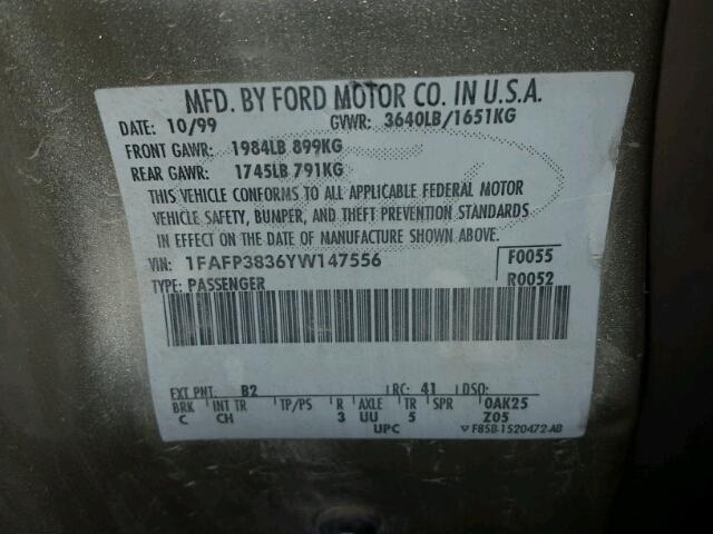 1FAFP3836YW147556 - 2000 FORD FOCUS ZTS GOLD photo 10