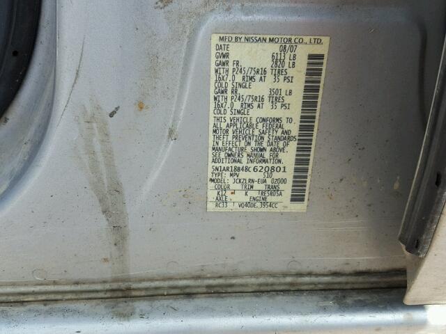 5N1AR18B48C620801 - 2008 NISSAN PATHFINDER SILVER photo 10