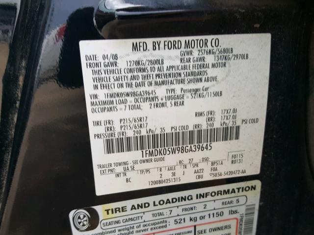 1FMDK05W98GA39645 - 2008 FORD TAURUS X S BLACK photo 10