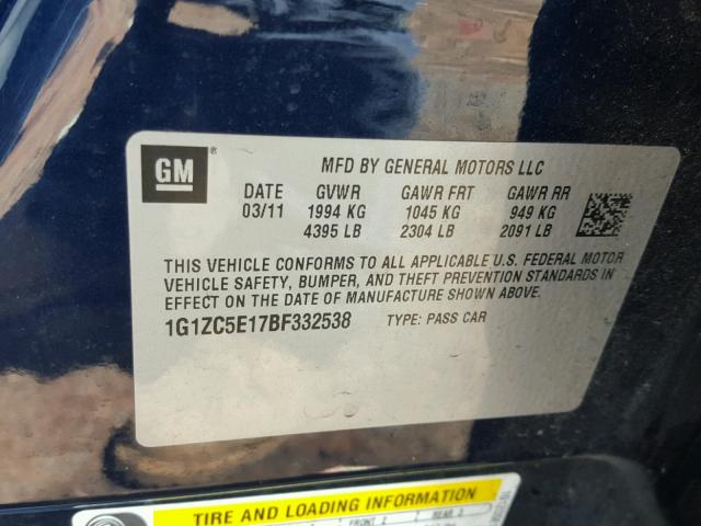 1G1ZC5E17BF332538 - 2011 CHEVROLET MALIBU 1LT BLUE photo 10