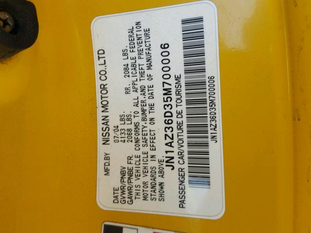 JN1AZ36D35M700006 - 2005 NISSAN 350Z ROADS YELLOW photo 10