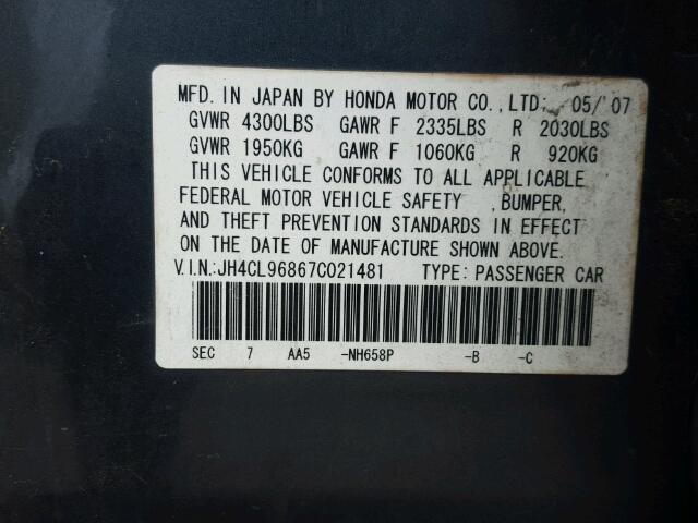 JH4CL96867C021481 - 2007 ACURA TSX GRAY photo 10