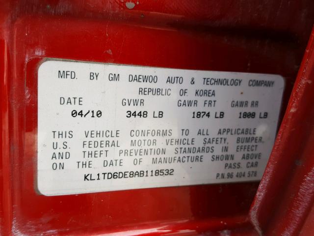 KL1TD6DE8AB118532 - 2010 CHEVROLET AVEO LS MAROON photo 10