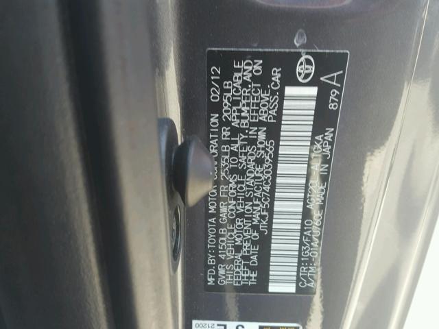 JTKJF5C74C3039565 - 2012 TOYOTA SCION TC 灰色 照片 10