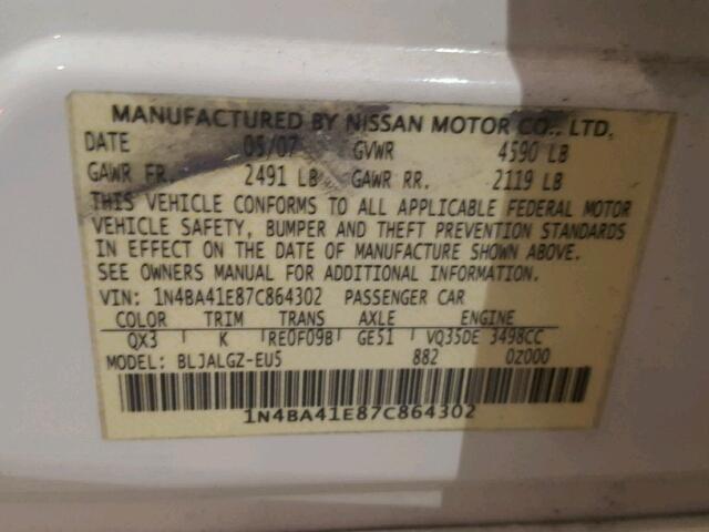 1N4BA41E87C864302 - 2007 NISSAN MAXIMA SE WHITE photo 10