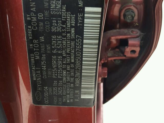 KM8JM12B85U076557 - 2005 HYUNDAI TUCSON GL RED photo 10