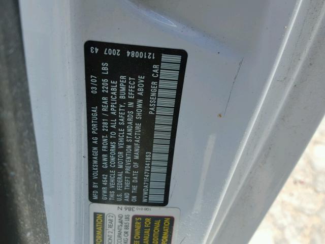 WVWDA71F47V041853 - 2007 VOLKSWAGEN EOS 2.0T S Ağ foto 10