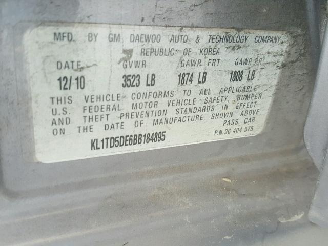 KL1TD5DE6BB184895 - 2011 CHEVROLET AVEO LS GRAY photo 10