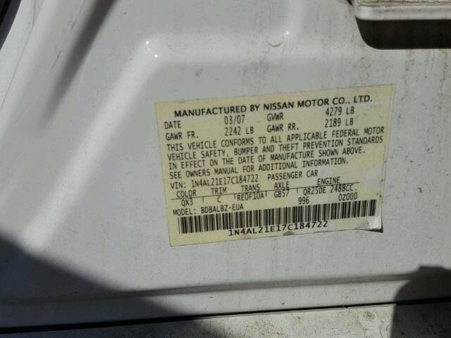 1N4AL21E17C184722 - 2007 NISSAN ALTIMA 2.5 WHITE photo 10