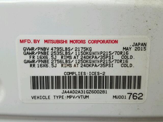 JA4AD2A31GZ600281 - 2016 MITSUBISHI OUTLANDER WHITE photo 10