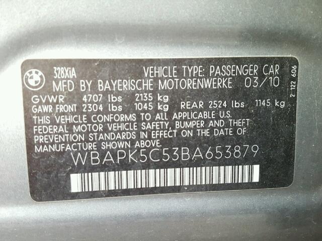 WBAPK5C53BA653879 - 2011 BMW 328 XI SUL GRAY photo 10