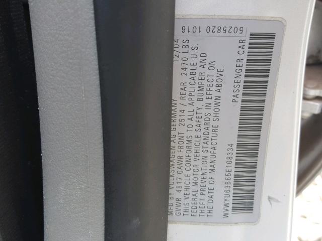 WVWYU63B65E108334 - 2005 VOLKSWAGEN PASSAT GLX 银色 照片 10