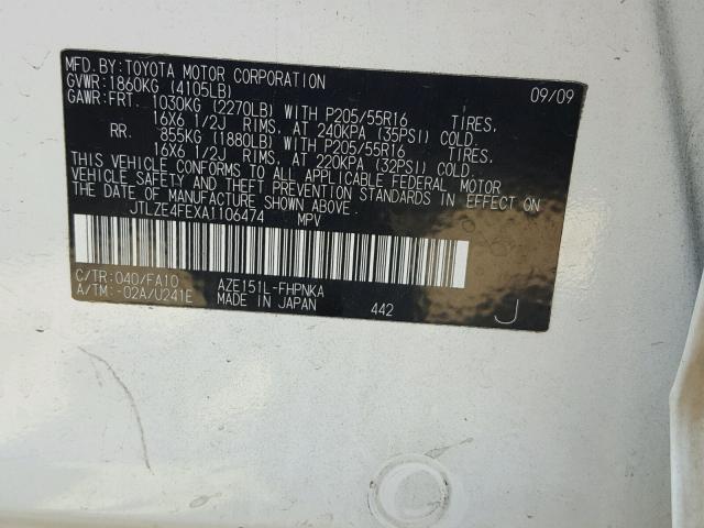 JTLZE4FEXA1106474 - 2010 TOYOTA SCION XB Weiß Foto 10