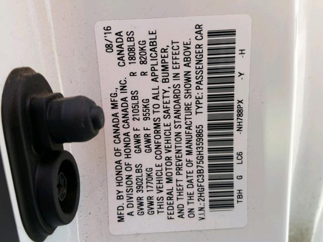 2HGFC3B75GH359865 - 2016 HONDA CIVIC EXL Ağ foto 10