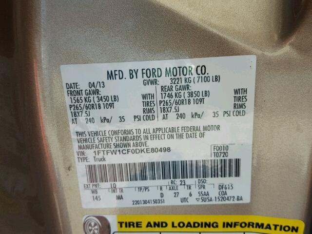 1FTFW1CF0DKE80498 - 2013 FORD F150 GOLD photo 10