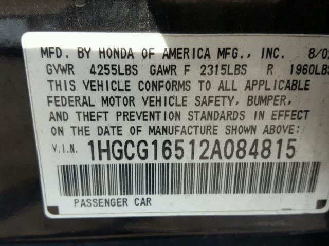 1HGCG16512A084815 - 2002 HONDA ACCORD EX BLACK photo 10