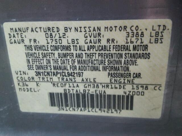 3N1CN7AP1CL942197 - 2012 NISSAN VERSA GRAY photo 10