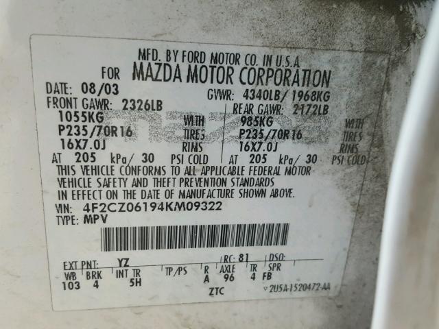 4F2CZ06194KM09322 - 2004 MAZDA TRIBUTE ES WHITE photo 10