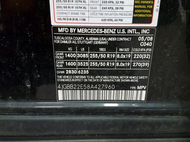 4JGBB22E58A427960 - 2008 MERCEDES-BENZ ML 320 CDI BLACK photo 10