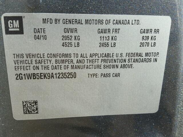 2G1WB5EK9A1235250 - 2010 CHEVROLET IMPALA GRAY photo 10