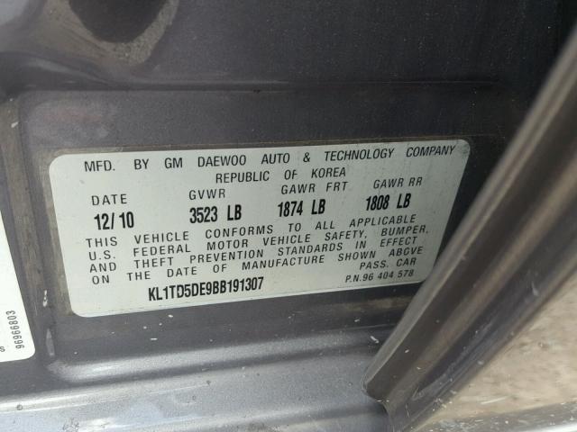 KL1TD5DE9BB191307 - 2011 CHEVROLET AVEO LS GRAY photo 10