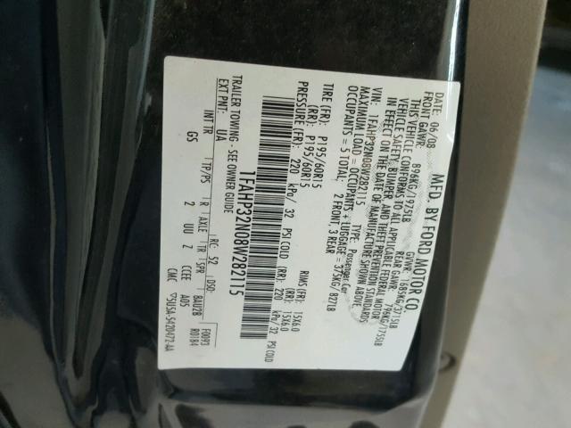 1FAHP32N08W282115 - 2008 FORD FOCUS S/SE BLACK photo 10