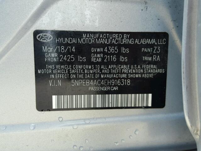 5NPEB4AC4EH916318 - 2014 HYUNDAI SONATA GLS BLUE photo 10