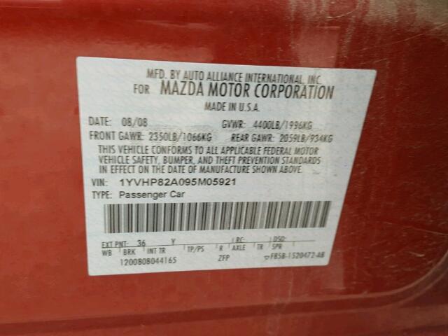 1YVHP82A095M05921 - 2009 MAZDA 6 RED photo 10