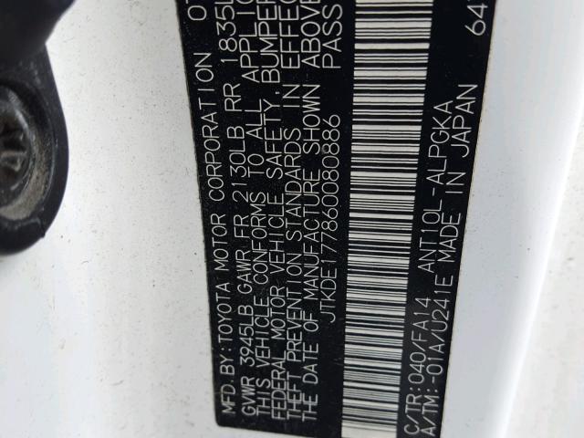 JTKDE177860080886 - 2006 TOYOTA SCION TC 白色 照片 10