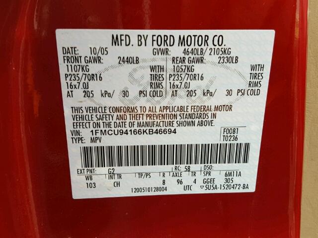 1FMCU94166KB46694 - 2006 FORD ESCAPE RED photo 10