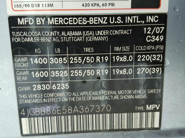 4JGBB86E58A367370 - 2008 MERCEDES-BENZ ML 350 BLUE photo 10