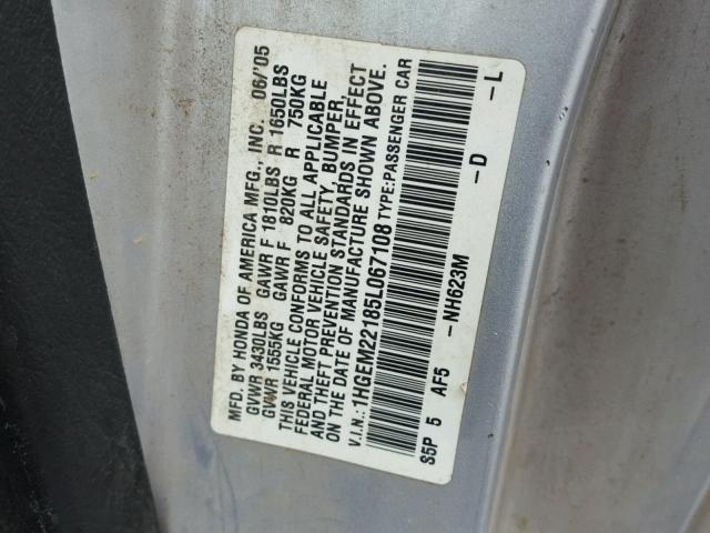 1HGEM22185L067108 - 2005 HONDA CIVIC DX V Արծաթագույն լուսանկար 10