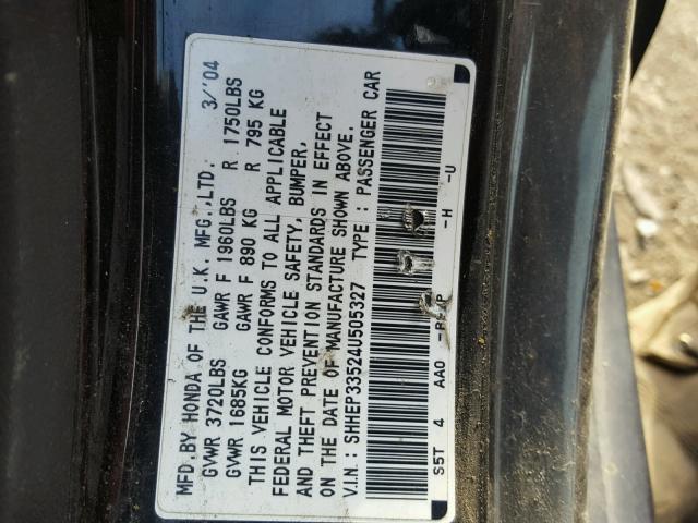 SHHEP33524U505327 - 2004 HONDA CIVIC SI BLACK photo 10