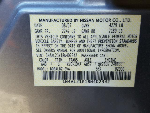 1N4AL21E18N402342 - 2008 NISSAN ALTIMA 2.5 SILVER photo 10