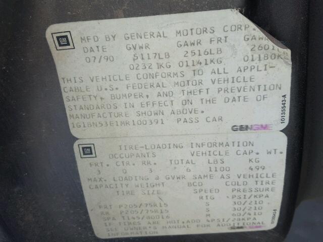 1G1BN53E1MR100391 - 1991 CHEVROLET CAPRICE CL 灰色 照片 10