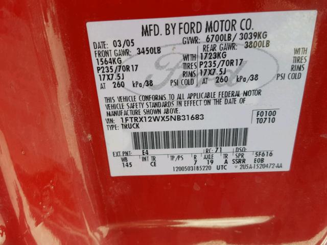 1FTRX12WX5NB31683 - 2005 FORD F150 RED photo 10