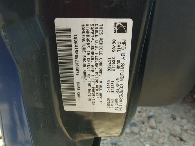 1G8AW15F66Z104075 - 2006 SATURN ION LEVEL BLUE photo 10